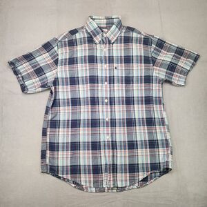 Brooks Brothers 346 Button Down Shirt Men's L‎ Blue Plaid Short Sleeve Cotton